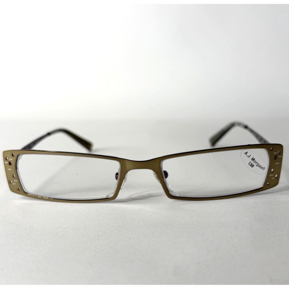 A.J. Morgan Reading Glasses 1.50 Small Rectangle Metallic Gold Tone New Flaw